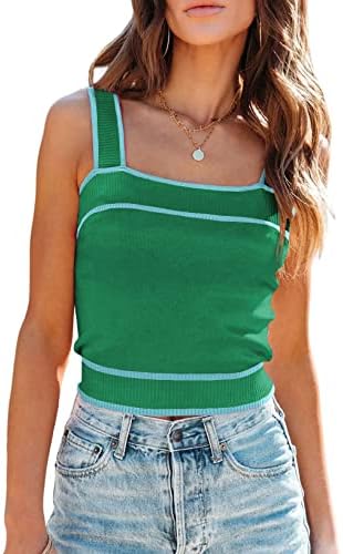 Dokotoo Women&#39;s Square Neck Knit Crop Tank Tops 2024 Slim Fit Y2K Color Block Sleeveless Cami Shirts