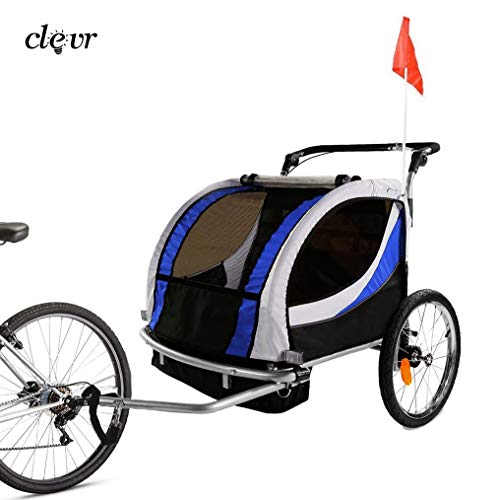 Clevr Deluxe 3-in-1 Double 2 Seat Bicycle Bike Trailer Jogger Stroller for Kids Children | Foldable w/Pivot Front Wheel, Blue - Thumbnail 4