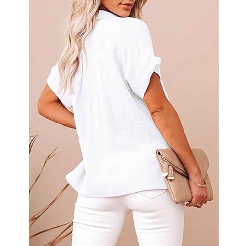 Camisa de linho, manga curta, camisa casual solta, camisas de manga curta de cor sólida com bolsos (