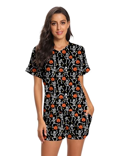 RAISEVERN Halloween Pajamas for Women Skull Pumpkin 2 Piece Pjs V Neck Short Sleeve Pajama Set Tops Shorts with Pocket Sleepwear Nightwear