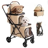 【日本ブランド】MILA&LOUIS 犬カート軽量 犬ベビーカー分離型 折り畳み機能付 上部取り外し可能 炭素鋼フレーム 飛び出し防止リード4本付 コンパクト收纳 組み立て簡単 ぺットバギー 上下2層 上下段合计25kg対応 小型犬 中型犬 犬猫兼用 双子ペット対応 散歩 旅行 お出かけ（カーキ）