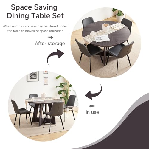 Image of 47 inch Round Dining Table Set for 4, Kitchen Table and Chairs | Wooden Cross Base, Synthetic Leather Chair, for Apartment
