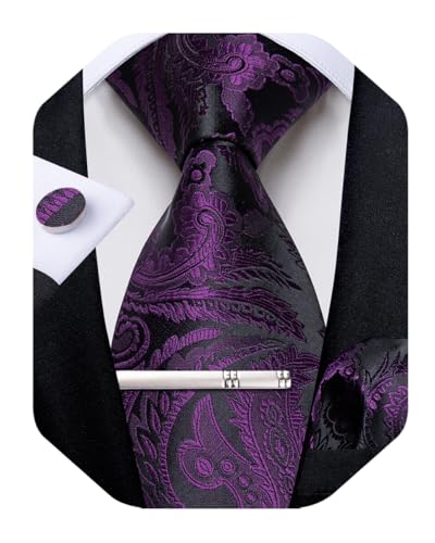 Image of DiBanGu Silk Floral Ties for Men Woven Paisley Necktie and Tie Clip Handkerchief Cufflinks Set for Party Wedding