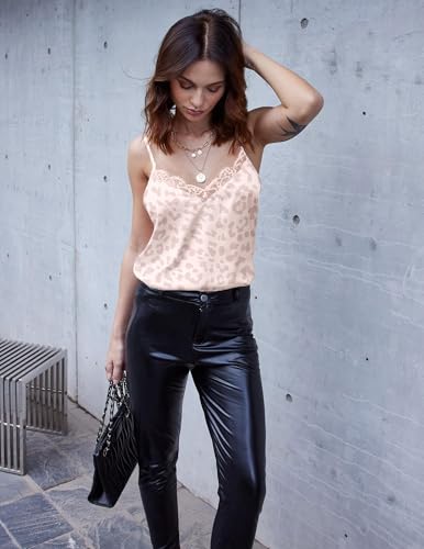 Image of Ekouaer Women's Satin Camisole Lace Silk Satin Pajama Tank Tops V Neck Soft Spaghetti Strap Loose Sleepwear Pink Leopard