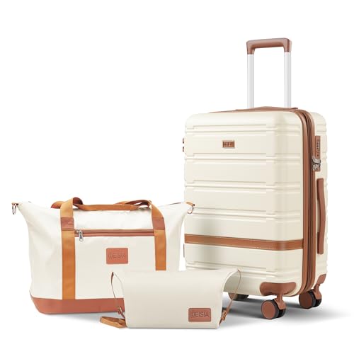 NEISIA carry on Luggage Sets,20 Inch Expandable with TSA Lock Carry-on suitcases with spinner wheels,Hard Shell Travel Luggage airline approved (Beige, 3 Piece Sets (20/DB/TB))