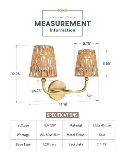 Image of 2-Light Bathroom Light Fixtures, Brushed Gold Rattan Vanity Lights, Double Wall Sconce with Flared Handwoven Shade, Boho Sconces Wall Lighting for Hallway Bedroom Stairway, VL837-BG-RA-2