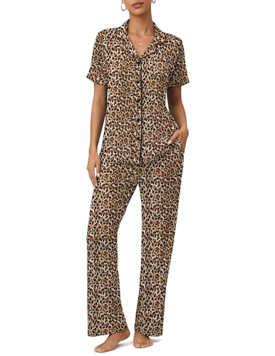 Image of Womens Pajamas Sets 2 Piece Button Up Pj Sets Short Sleeve with Long Pant