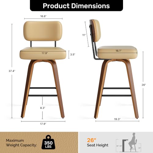 Image of Swivel Bar Stools Set of 2, 26 inch Upholstered Faux Leather Counter Height Barstools with Walnut Back & Bentwood Legs, Mid Century Modern Bar Chairs Island Stools for Kitchen Counter, Khaki