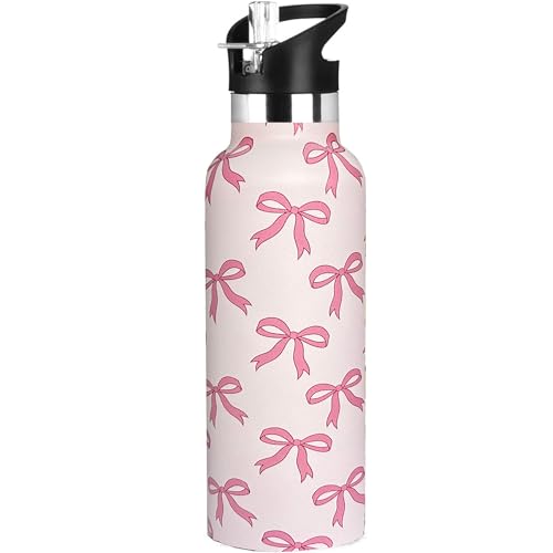 Pink Bow Sport Water Bottle with Straw, Vacuum Insulated Stainless Steel Thermal Drinking Travel Mug Cups For Gym Fitness Camping-20oz/600ml