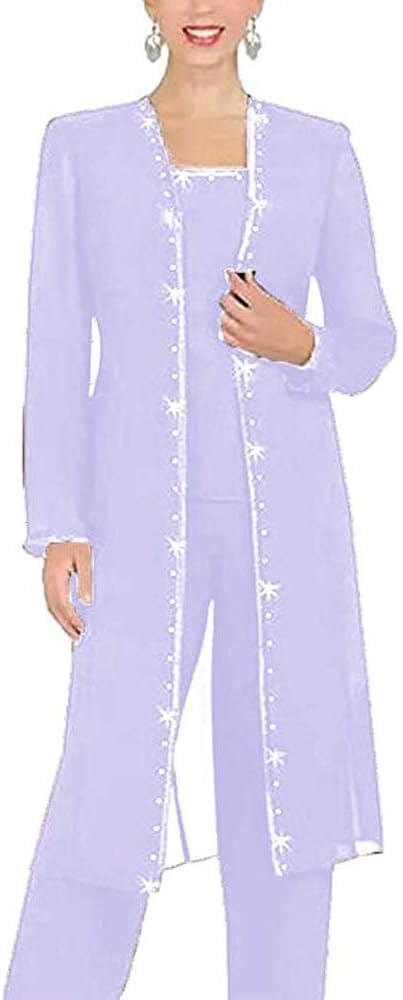 Leader of the Beauty 3 Piece Chiffon Beaded Pant Suits Mother of The Bride Pant Suits with Long Jacket for Women Formal 12 Lavender