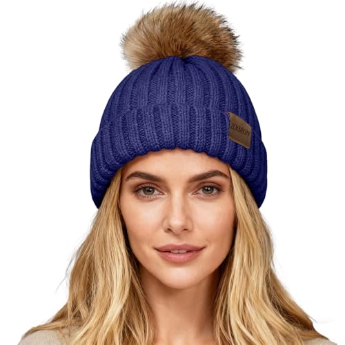 Gorro de punto para mujer con pompón de piel sintética miniatura 2