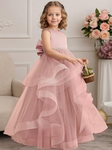 Tiered Tulle Flower Girl Dress for Wedding Kids Long Satin Princess Pageant Birthday Party Bowknot Prom Ball Gowns4