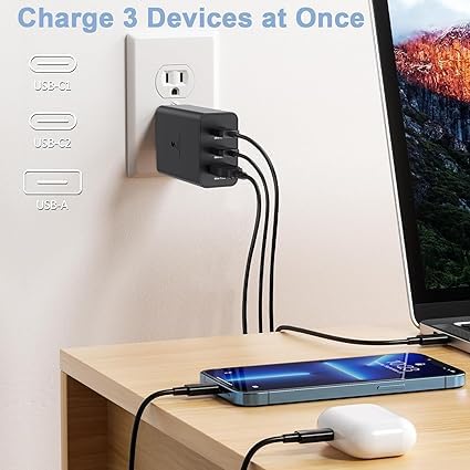 Image of Original 65W Tri Port,Type-C & USB-A,Super Fast Charger Compatible with Sam-Sung (Cable not Included),Black,Tablet (TOY10)