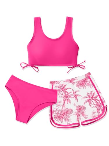 Image of Girl's 3 Piece Bikini Bathing Suit Printed Sport Swimsuits with Shorts Cove Up Sets Teen Girl's Swimwear