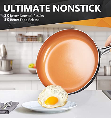 Image of Michelangelo Frying Pan Non Stick 30cm, Copper Frying Pan Induction Base with Titanium Ceramic Interior, Ceramic Frying Pan with Lid, Induction Frying Pan