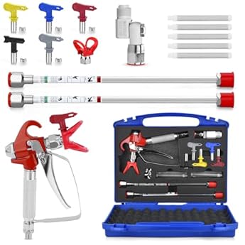 Foto di 16pcs Airless Kit pistola di verniciatura con pistola di vernice Airless 3600 PSI,1 protezione dell'ugello,5 testine di spruzzo,2 aste di estensione,1 guarnizione rotante, 5 filtri e 1 scatola di