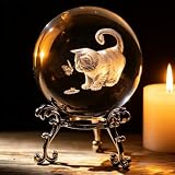 3D Crystal Ball with Cat Figurine, Laser Engraved Glass Sphere with Stand