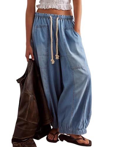 Hooever Women's Wide Leg Jeans Baggy Boyfriend Elastic Hem Denim Pants with Drawstring Waist