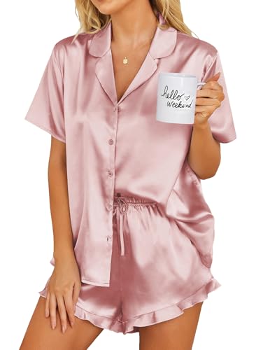 Image of Ekouaer Womens Satin Pajamas Set Button Down 2 Piece Silk Pjs Shorts Set Ruffle Lingerie Notch Collar Sleepwear