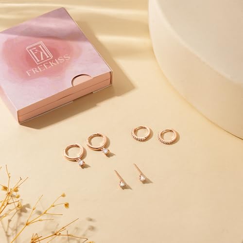 Image of Freekiss 3 Pairs Gold Hoop Earrings Set: Dainty Stud Earrings Trendy Small 14K Gold Plated Hypoallergenic Dangle Cartilage Huggie Hoop Earrings for Women Gold Jewelry for Women Gifts