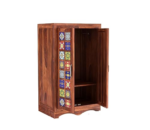 Image of Sheesham Wood Wooden 2 Door Wardrobe Organizer for Clothes | - Solid Wood Almirah with 2 Shelves - with Hanging Space Cupboard for Large Bedroom (Design 22)