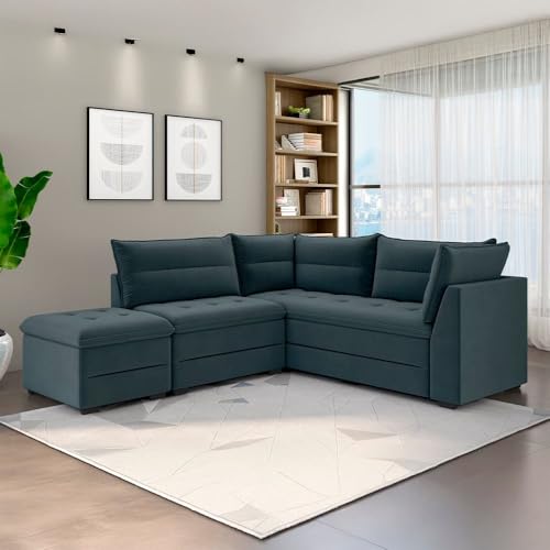 Luizzi Sofá Modular de Canto em Suede, 4 Lugares com Pufe, Petróleo, 408cm Largura x 84cm Profundidade x 95cm Altura