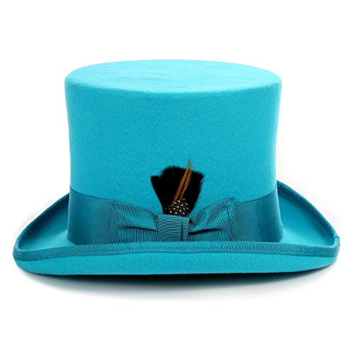 Ferrecci 100% Wool Top Hat Satin Lined With Grosgrain Ribbon And Removable Feather Turquoise Tall Tophat - Unisex, Men, Women #TOP1