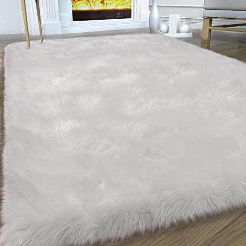 Image of Tangsoo Faux Fur Sheepskin Rug,White Fluffy Fuzzy 3x5 Area Rug for Bedroom