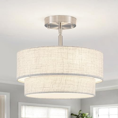 ASHUAQI Chrome Ceiling Lights Living Room, 3-Light Modern Chandelier with Double Beige Fabric Drum Shade, Semi Flush Ceiling Light for Bedroom, Hallway, Dining Room, Lounge, Kitchen