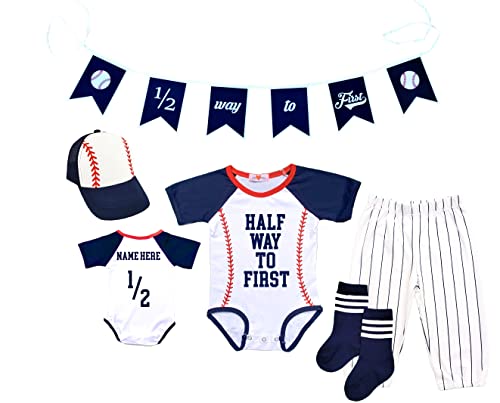 Half Birthday Boy Girl Half Way to First® 6 Month Baseball 1/2 Halfway Outfit Set2