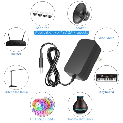 12V 2A Power Supply, AC 120V to DC12V 5.5x2.1mm Jack Converter, 12 Volt LED Driver 24W Adapter Transformer for Strip Lights, Surveillance Cameras, External HDD, Monitor, CCTV (Pack of 1)