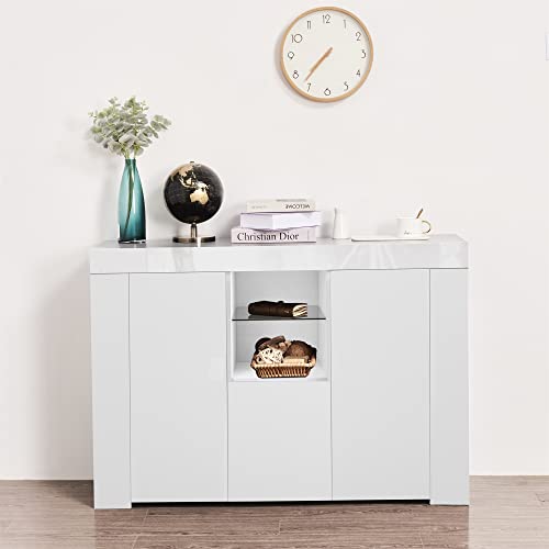 Holaki 45Inch Led Sideboard Buffet Cabinet With Drawer&2 Doors Storage Shelf,High Glossy Front Kitchen Sideboard,Buffet Table With Open Shelves,Display Cabinet,Entryway Modern Cupboard For Home(White) #TOP7