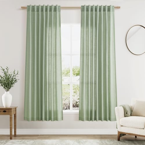 Mist Sage Linen Curtains 63 Inches Long 2 Panel Sets for Living Room Bedroom Rod Pocket Back Tab Light Filtering Drape for Kitchen Window Short Protect Privacy Curtain Modern Farmhouse Decor 52x63