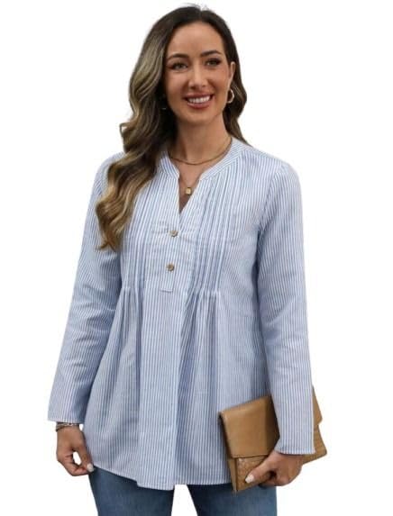 Women’s Light Blue Striped Blouse with Pleated Front Rounded Neckline Long Sleeves Casual Everyday Wear for Office or Smart Casual Outfits - Blue-image-28