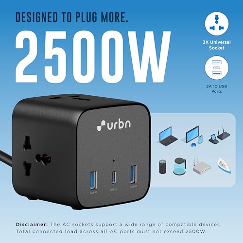 Image of URBN 6-in-1 Qube Core Power Strip | 3 Universal Sockets (2500W) + 3 USB Ports (20W PD) | Fast Charging | Heavy Duty 2m Power Cord | Surge Protection | 1 Year Warranty (Black)