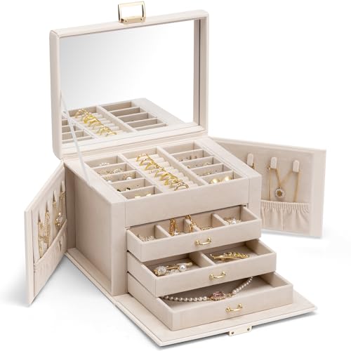 Vlando Jewelry Box 4-Tier,Jewelry Boxes & Organizers with Handle,3 Drawers Travel Jewelry Case with Mirror,Jewelry Storage,Earrings Necklace Rings Christmas Gift for Women Girl Purple A.Purp