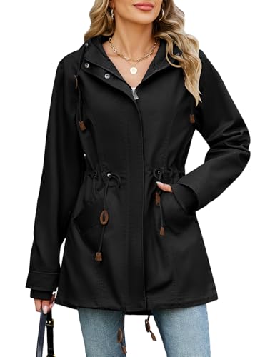 Tuopuda Veste Femme mi Saison Parka Légère avec Capuche Décontracté Manteau Printemps Veste Militaire Zippée Jacket Coat Automne Blouson(Noir,XL)