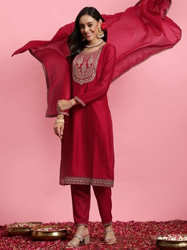 Image of INDO ERA Women's Embroidered Silk Blend Calf Length Straight Kurta Trouser with Dupatta Set (IEOUT7391)