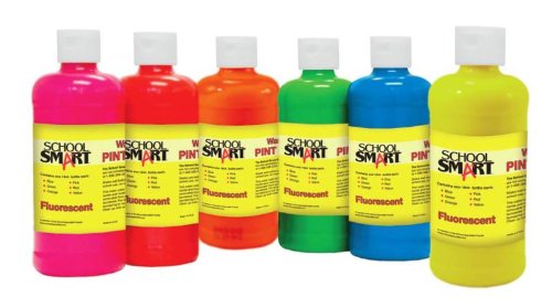 School Smart Washable Tempera Paints, 1 Pint, Assorted Fluorescent Colors, Set of 6
