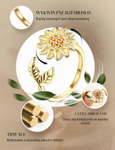 CASSIECA Pierścienie spinningowe dla kobiet, antystresowe, regulowane, obrotowe, z koralikami, kwiatowe, 9 szt, Złoto, Cyrkonia
