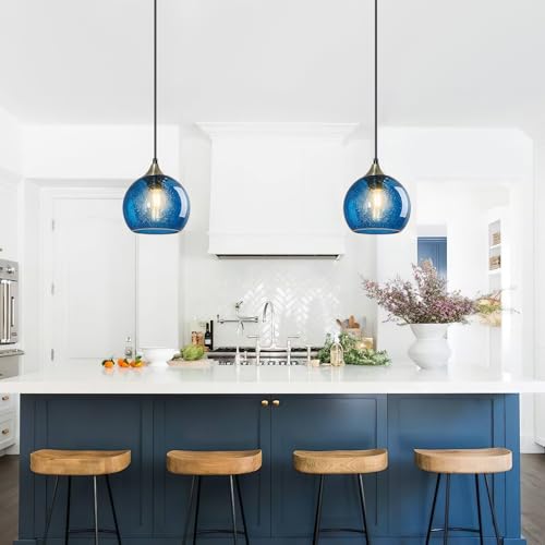 Image of Blue Glass Pendant Lights Kitchen Island Lighting Globe Pendant Light Fixtures Modern Pendant Lighting for Kitchen Island Bedroom Living Dining Room Light Fixture(5.9in, 1-Pack)