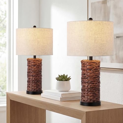 Image of JONATHAN Y 25 inch Dark Brown Coastal Water Hyacinth Table Lamp Set of 2, Bedside Lamp with Light Grey Linen Shade, Boho Farmhouse Decor for Living Room Nightstand, LED Bulbs (JYL6502B-SET2)