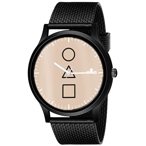 AROA Watch: Squid 000 Game Symbol Model 403 Men Black Metal Rubber Analog Watch Beige Dial for Men & Boys