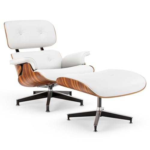 Image of Top White PU Leather, Mid Century Chaise Lounge Chair and Ottoman, Modern Chair Classic Design, Palisander Wood, Heavy Duty Base Support for Living Room Office