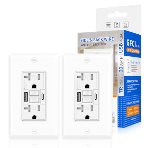 KRYNTO 20A GFCI Outlet with USB C&A, Self-Test TR ETL Listed 2 Pack White