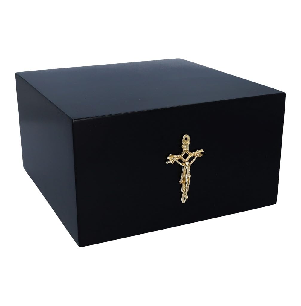 Memorial Religious Cremation urn Tribute Box Funeral urn Burial Box for Ashes Catholic Ashes Container with Cross Black Box urn for Ashes (Memorial Plaque/NO)
