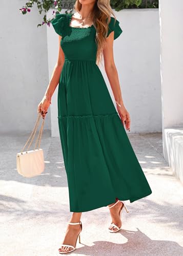 Image of KIRUNDO Smocked Summer Midi Dresses for Women 2026 | Flowy Long Dress, Ruffle Short Sleeve, Square Neck, Pocketed, Sundress for Casual, Church, Wedding Guest, Baby Shower