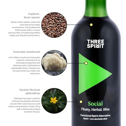 Image of Three Spirit Non-Alcoholic Alternative Spirit - The Social, 50cl | Adaptogens, Cacao, Damiana & Lion's Mane | Active Botanical, Gluten Free & Vegan Drinks