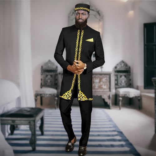 Dashiki African Suits for Men Slim Fit Embroidery Blazer Trousers and Caps Set Bazin Riche Attire Wedding2