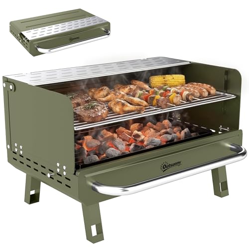 Outsunny Barbacoa de Carbón Plegable, Barbacoa Portátil, 52x37x31,8 cm, con Rejilla Ajustable, Estante Lateral Plegable y Bandeja de Carbón Extraíble, para Camping, Picnic, Fiesta en Jardín, Verde